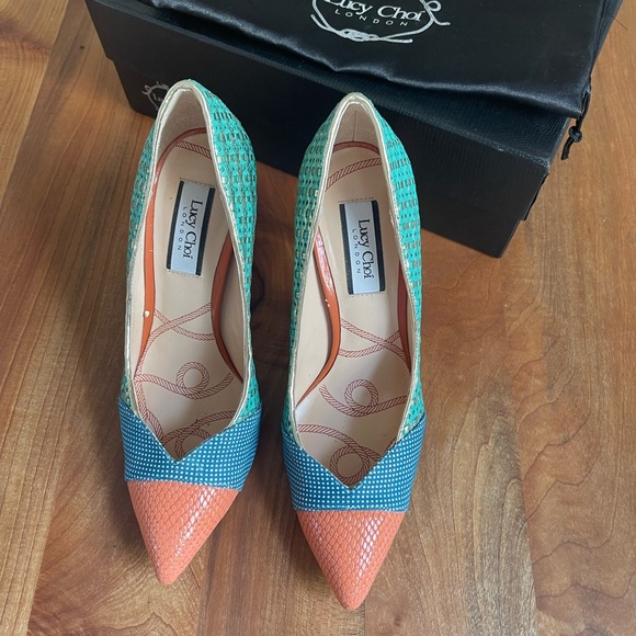 Lucy Choi London “Cupid” High Heels Orange Green Blue Lizard Size 36 / 6 - Picture 5 of 11